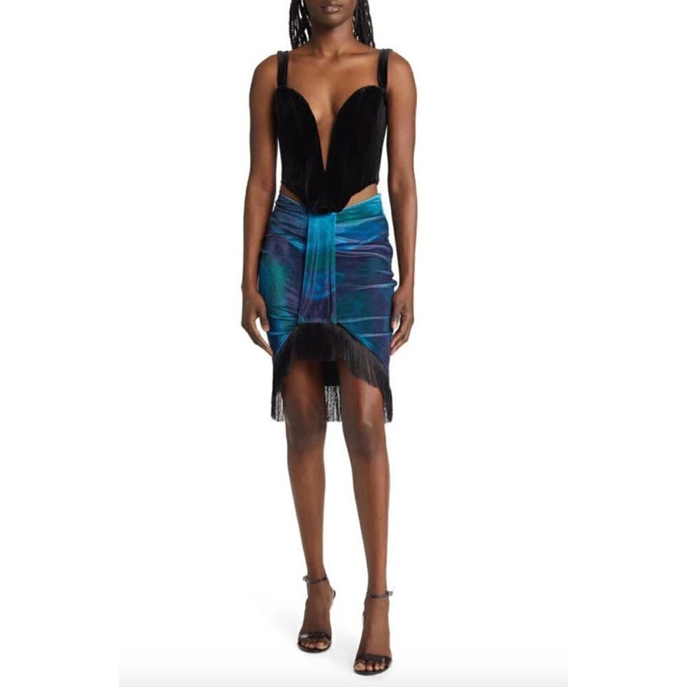 Farai London Edena Velvet Cutout Corset Skirt SET Turquenite Womens Size XS